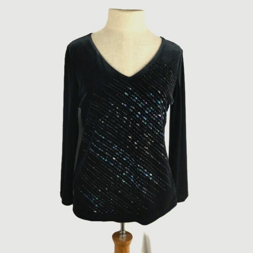 Willi Smith Velvet Long Sleeve Sequined Front Top